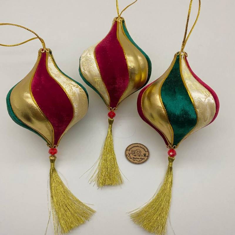 Gold red green handmade Christmas ball set with 3 velvet icicles