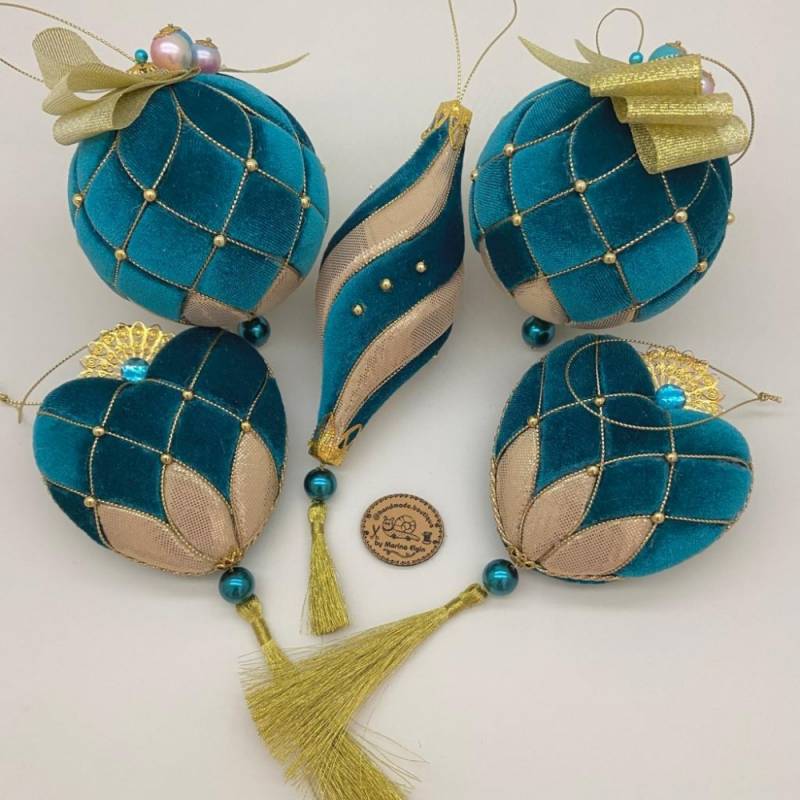 Gold and blue handmade Christmas bauble set with 2 Christmas tree balls, 2 hearts and 1 icicle