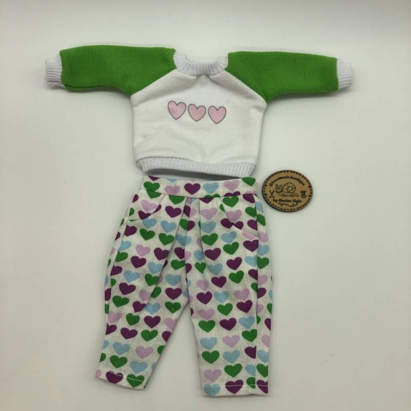 Trousers and Sweatshirt with green, pink and purple hearts