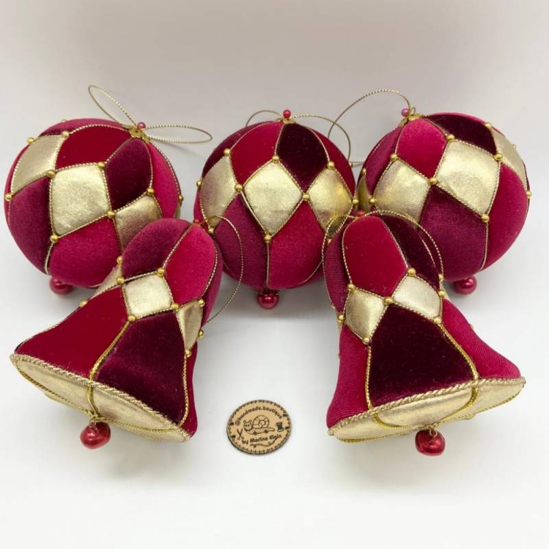 Red and gold handmade Christmas ball set with 3 Christmas tree balls and 2 bells