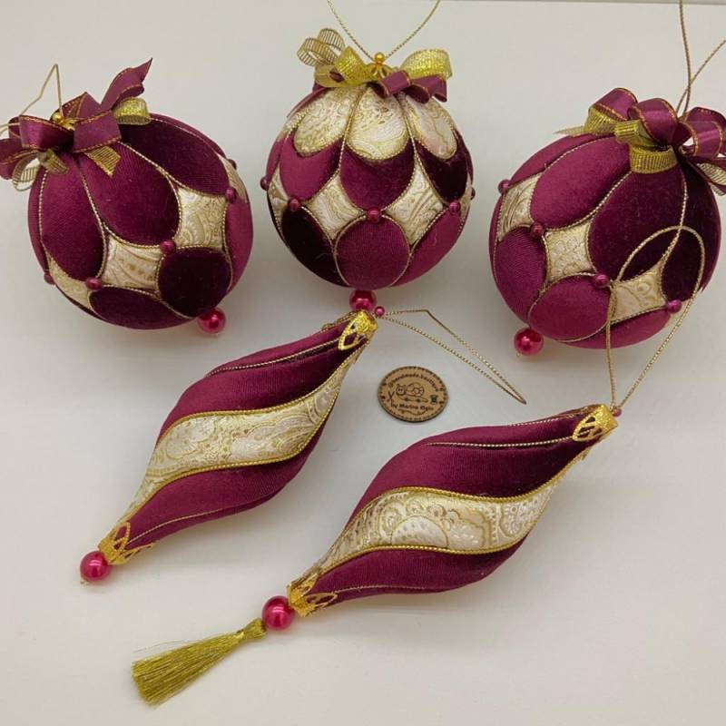 Red and gold handmade Christmas ball set with 3 Christmas tree balls and 2 icicles