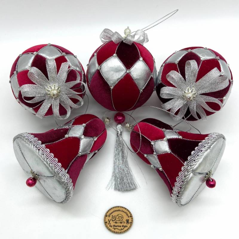 Red and silver handmade Christmas ball set with 3 Christmas tree balls and 2 bells made of velvet